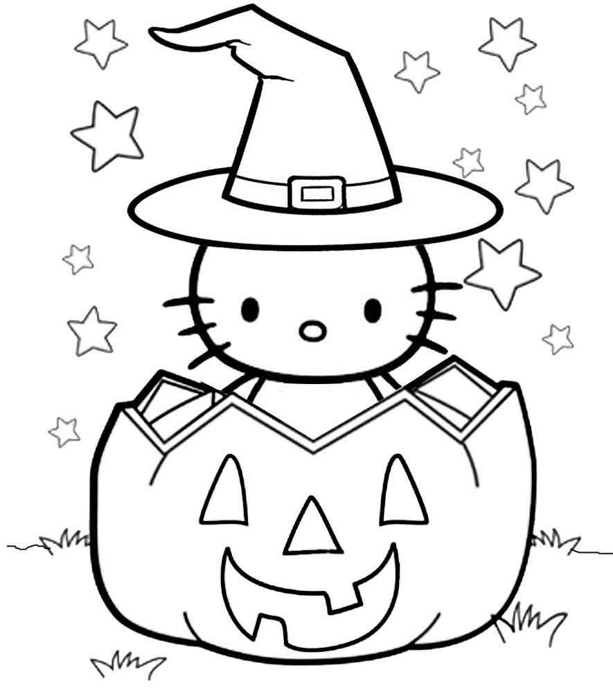 Magiczna Hello Kitty w Dyni - Kolorowanka Halloweenowa do Druku