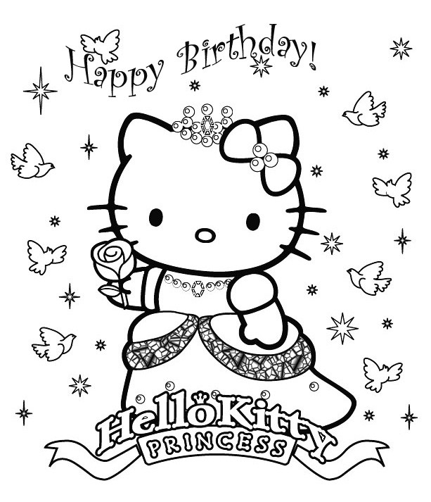 Kolorowanka Hello Kitty jako Księżniczka na Urodziny - Pobierz i Koloruj