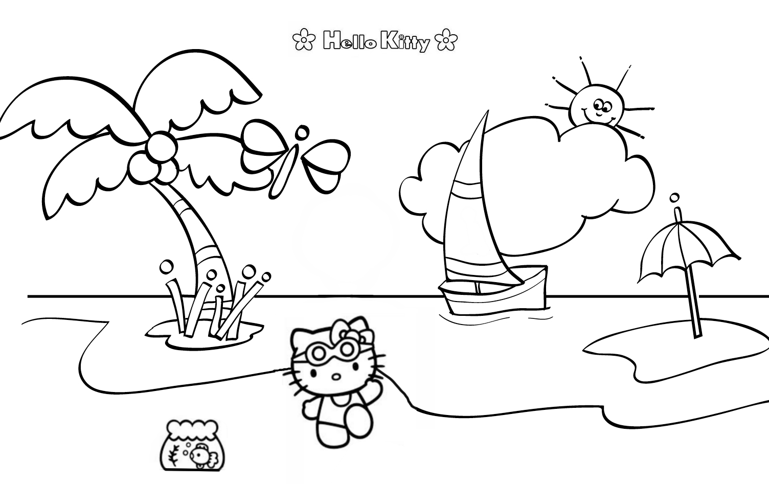 Kolorowanka Hello Kitty na Tropikalnej Plaży