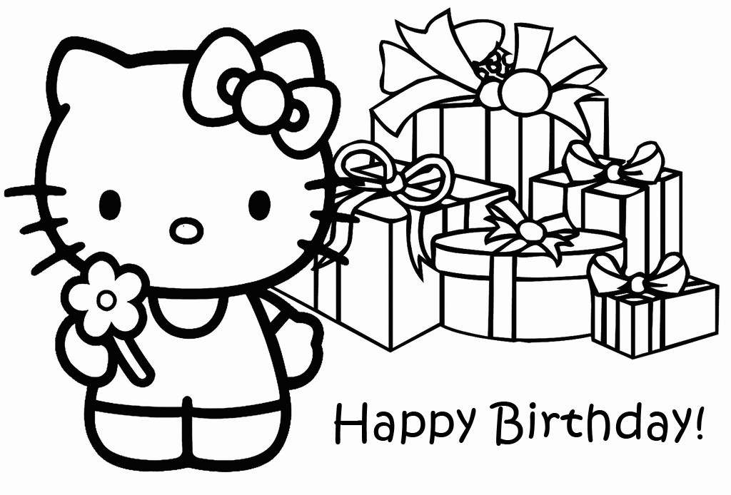 Kolorowanka Hello Kitty z Kwiatem i Prezentami na Urodziny