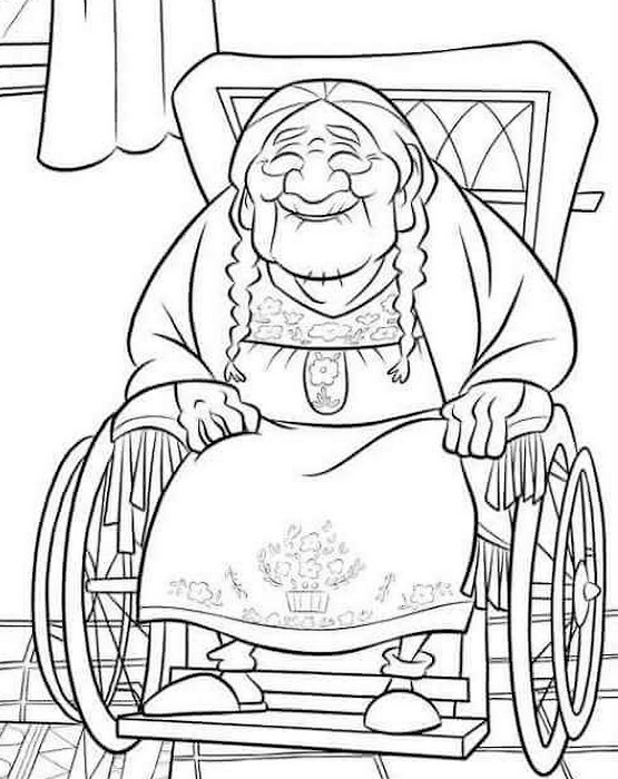 Kolorowanka do Druku: Uśmiechnięta Babcia w Foteliku