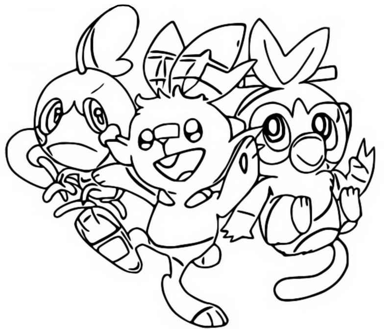 Kolorowanka z Postaciami Pokemon - Sobble, Scorbunny i Grookey